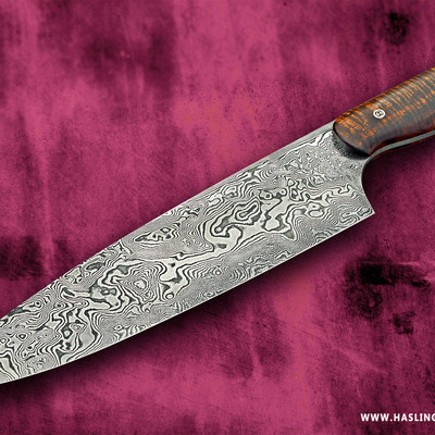 10.5" bladed Carbon Damascus Chef with Curly Koa Handle