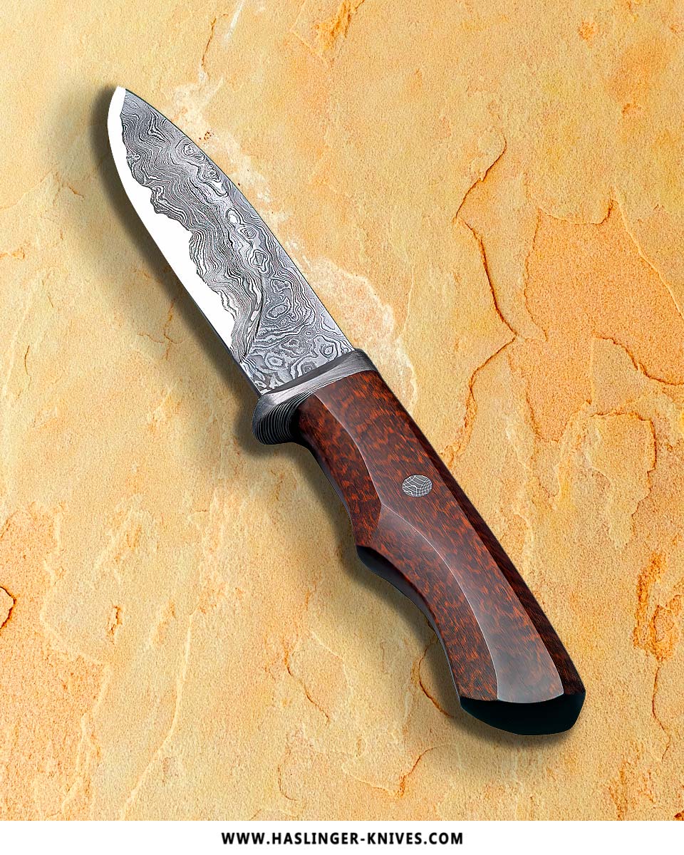 Snakewood Kernmantel Damascus Bowie with Python Sheath left view