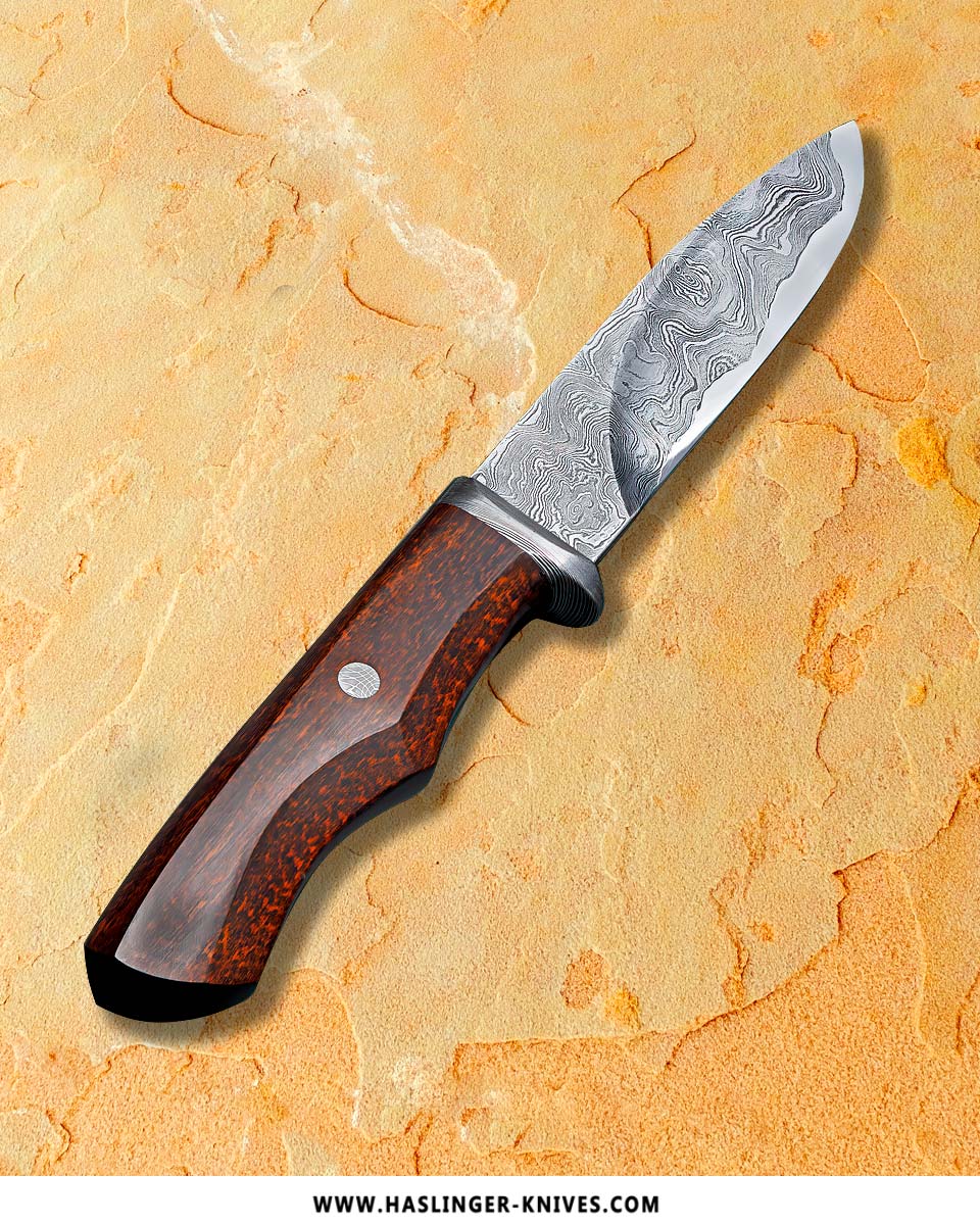 Snakewood Kernmantel Damascus Bowie with Python Sheath right view