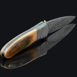 Green Toned Mammoth Ivory and Stainless Damascus Folding Knife side view