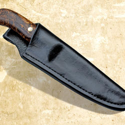 Begbie Damascus and Maple Burl Hunteing Knife sheathed