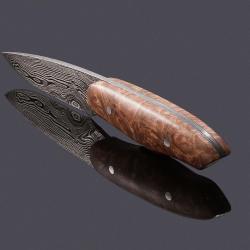 Damascus Huntress with Maple Burl Handle and Fuchsia Perch Leather back view