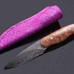 Damascus Huntress with Maple Burl Handle and Fuchsia Perch Leather with sheath