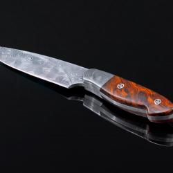 Raindrop Damascus Bird and Trout Knife with Desert Ironwood Handle