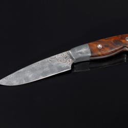 Raindrop Damascus Bird and Trout Knife with Desert Ironwood Handle side view