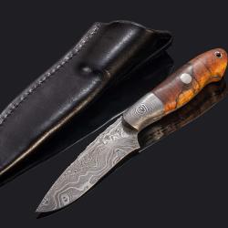 Selkirk Damascus Hunter with Stabilized Maple Handle with leather sheath