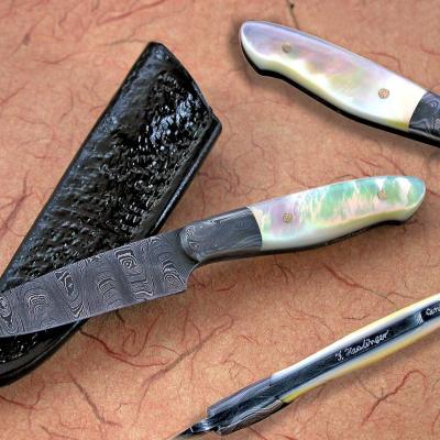 Damascus Bird and Trout Knife with Mother of Pearl
